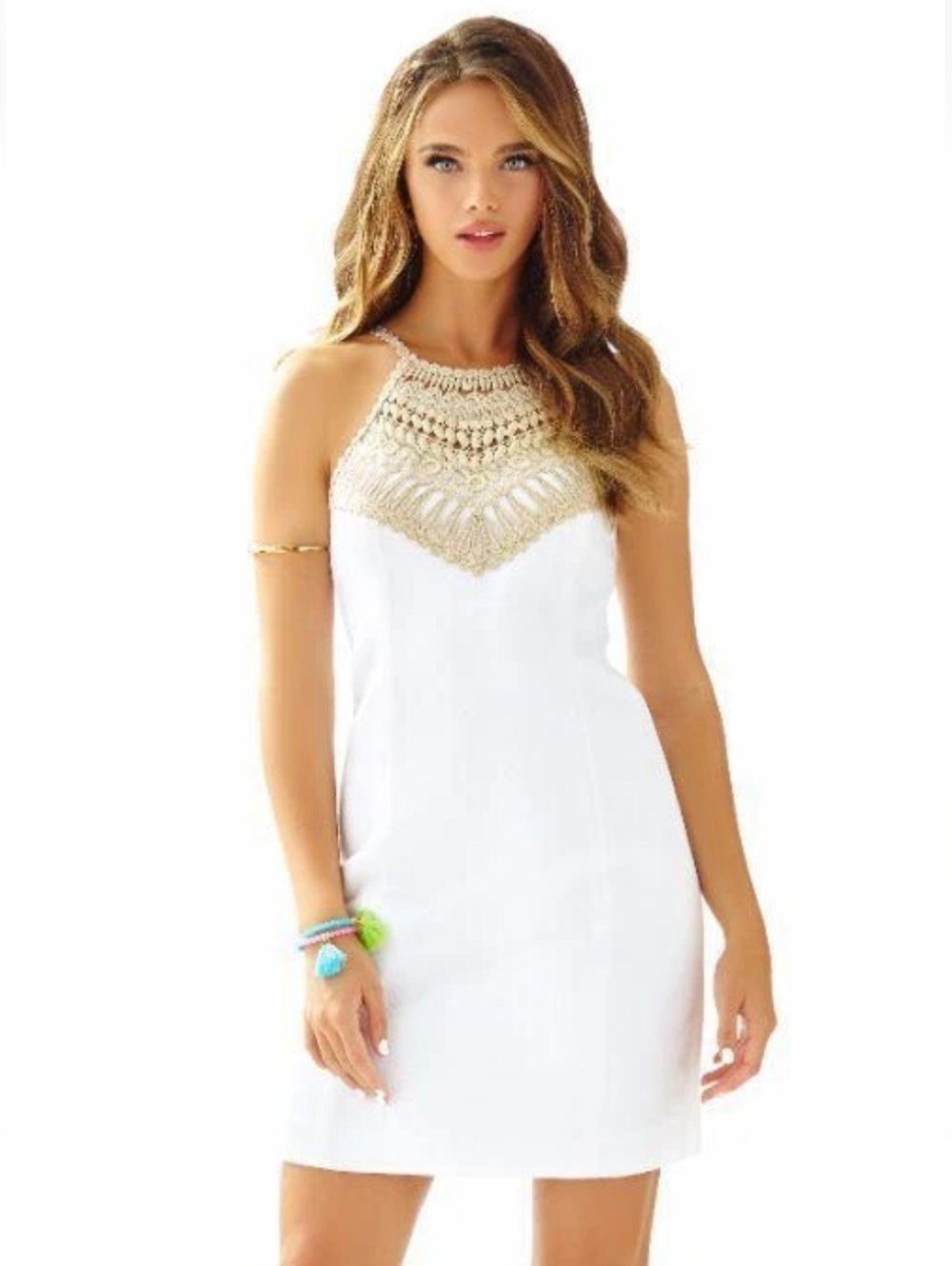 Lilly Pulitzer Sz 4 White Shift Dress Gold Detail Euc